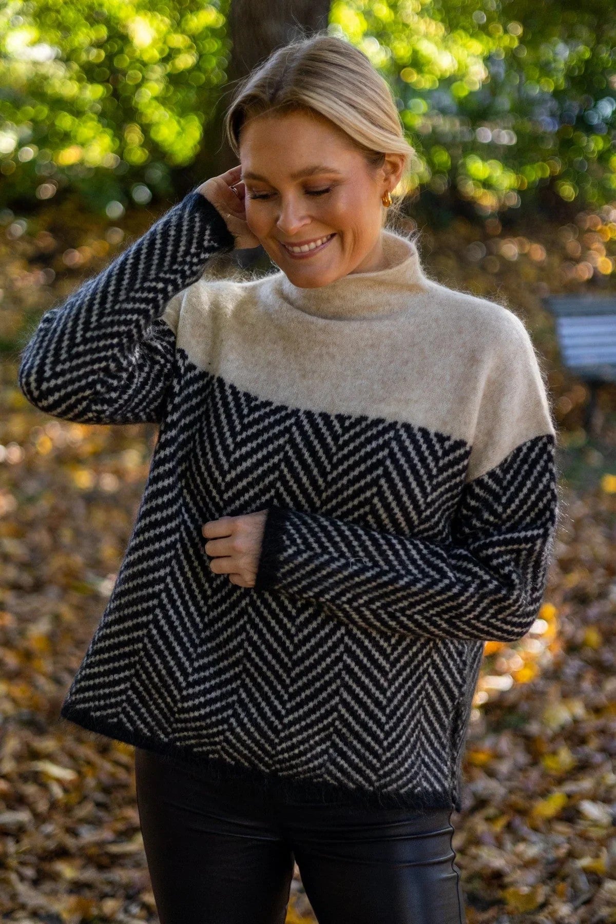 Colourblock herringbone roll neck jumper
