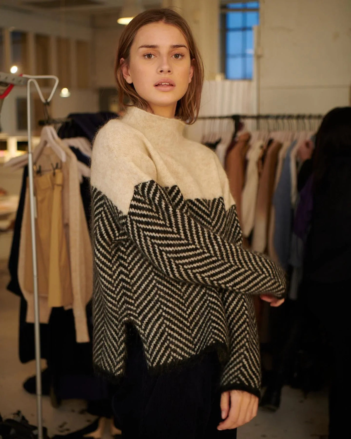 Colourblock herringbone roll neck jumper
