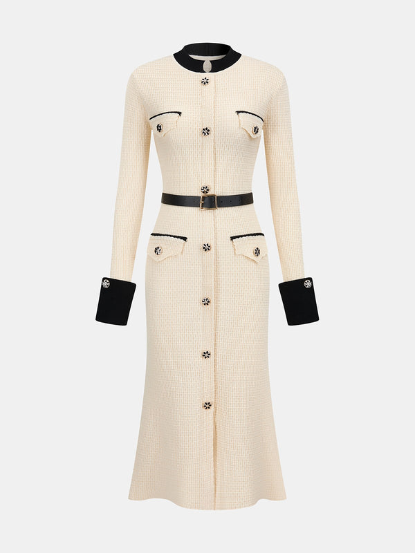 Apricot contrast-trim button-front knit midi dress