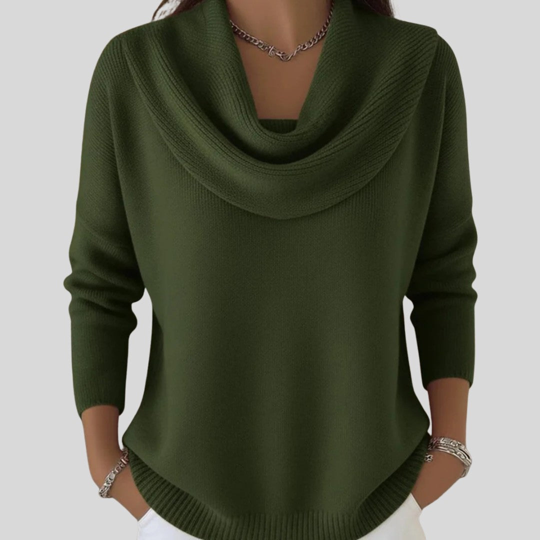 Green cowl-neck knit jumper