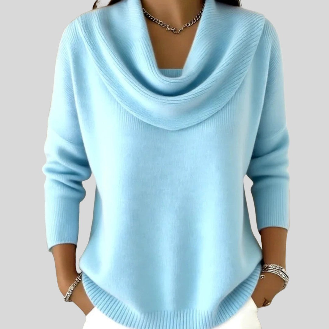 Blue cowl-neck knit jumper