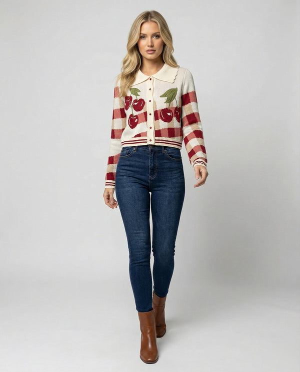 Cropped cherry knit cardigan