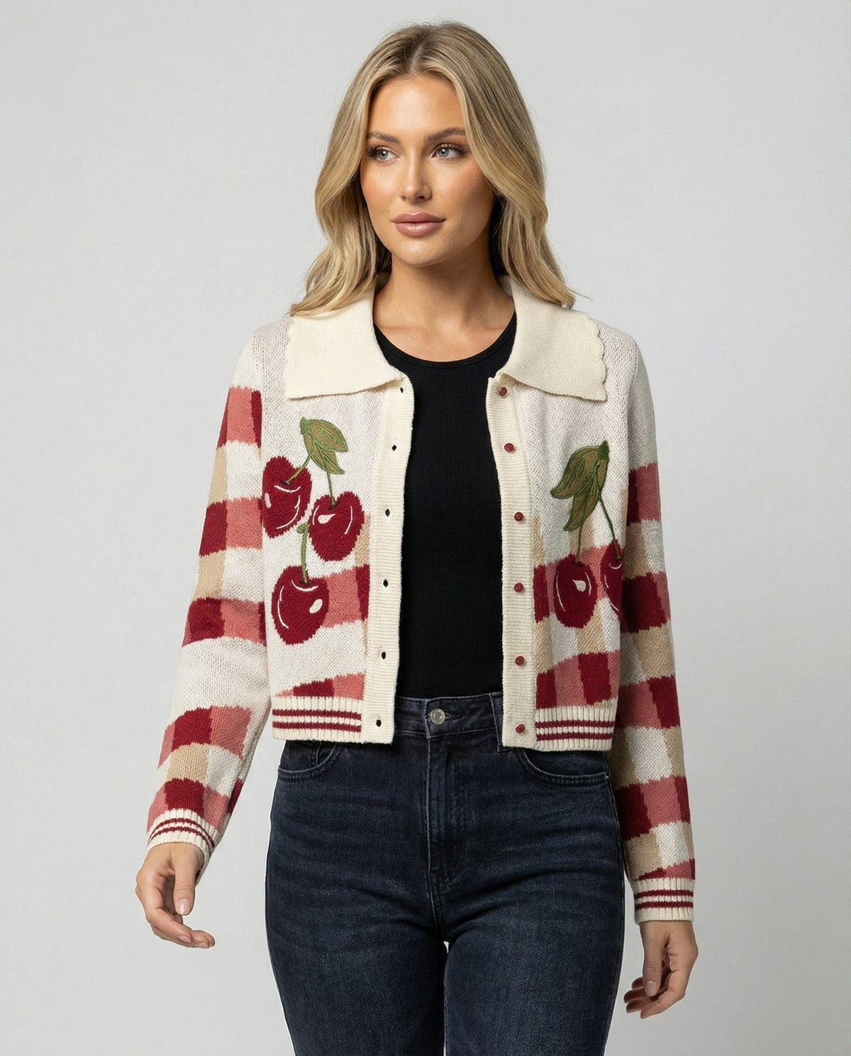 Cropped collared knit cardigan