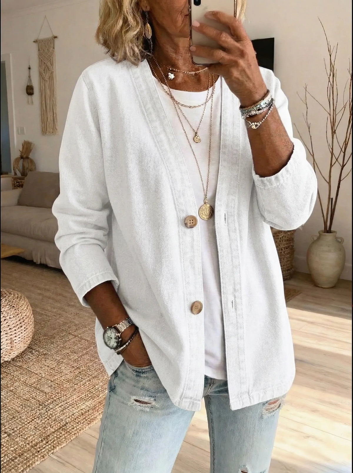 White denim button-down cardigan