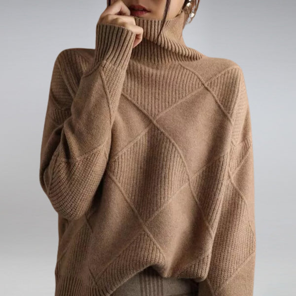 Brown diamond knit roll neck jumper