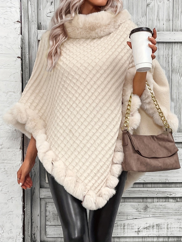 Faux-fur trim knit poncho