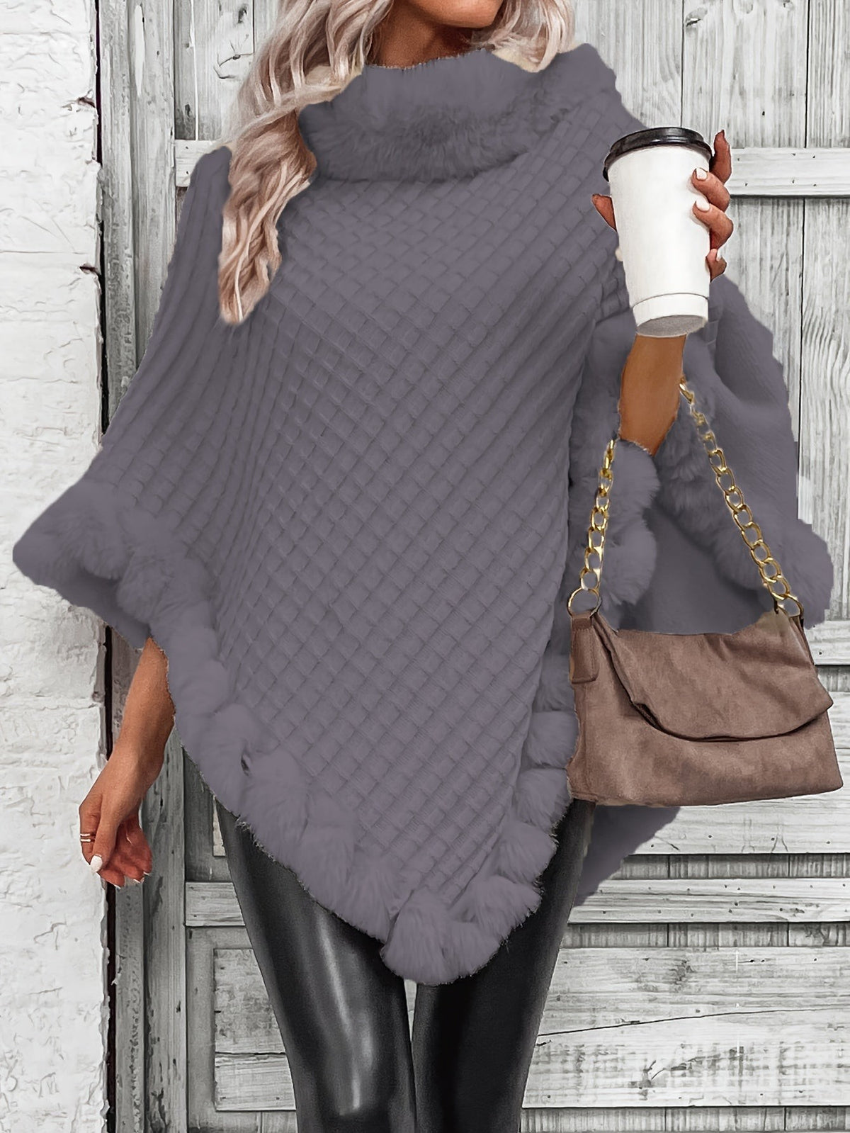 Faux-fur trim knit poncho
