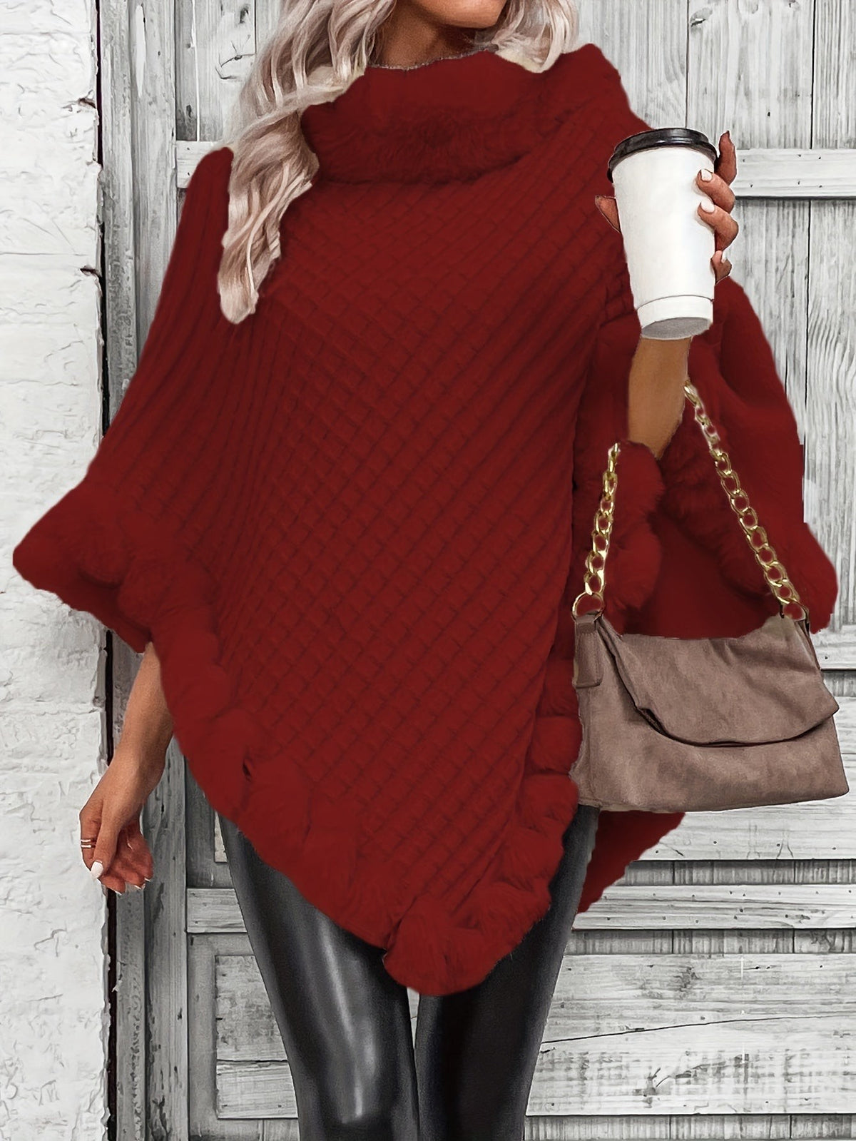Faux-fur trim knit poncho