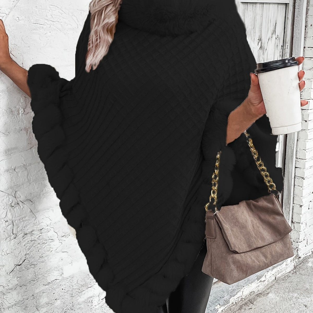Black faux-fur trim knit poncho