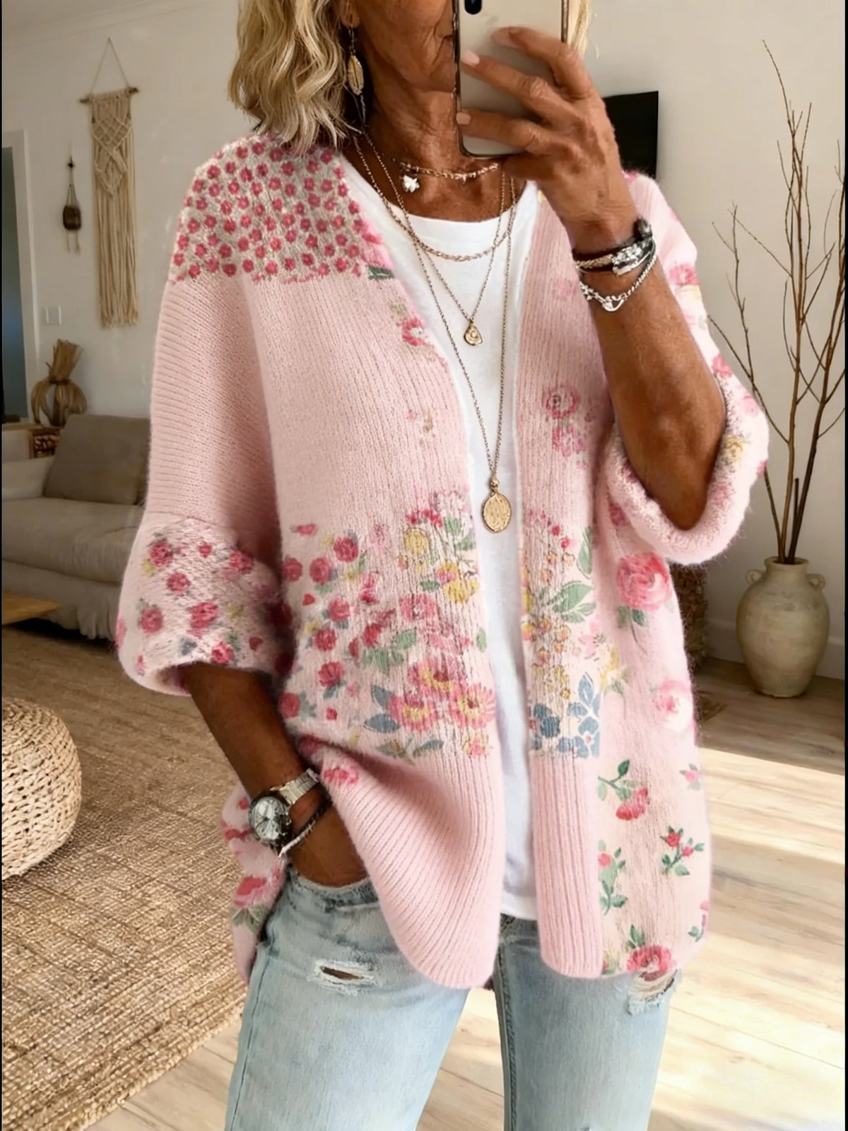 Pink floral patchwork boho cardigan