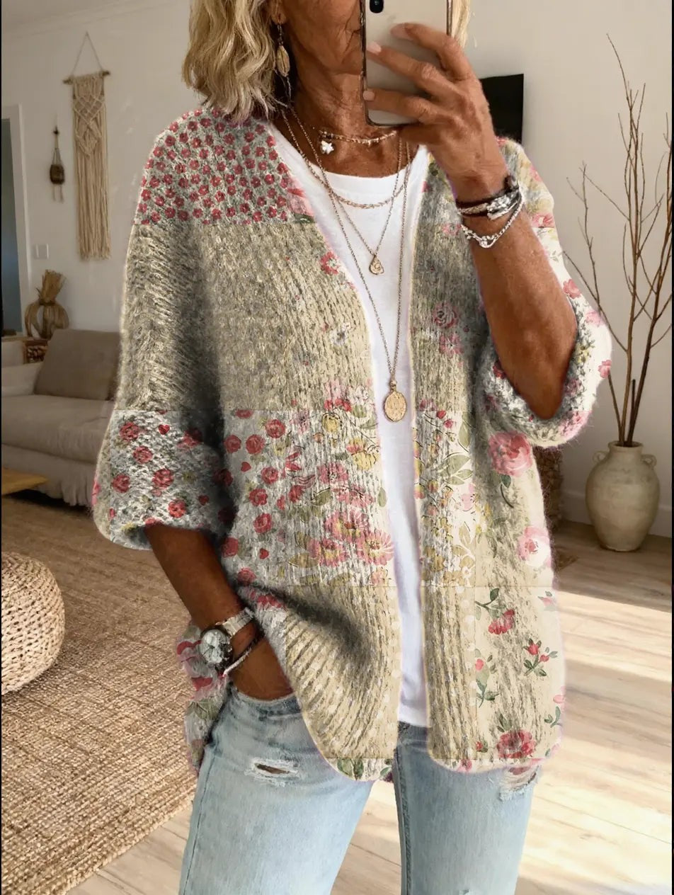 Beige floral patchwork boho cardigan