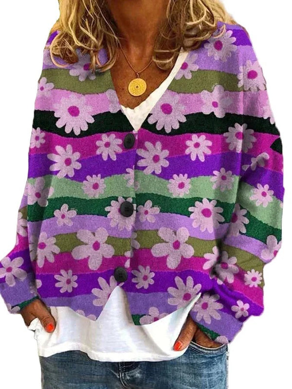 Purple floral stripe knit cardigan