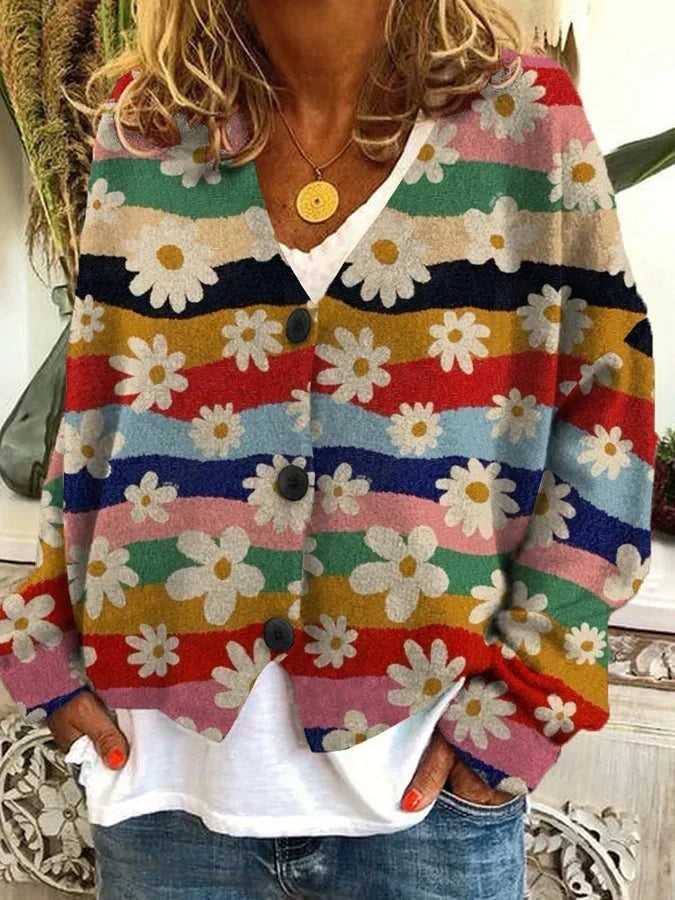 Multicolor floral stripe knit cardigan