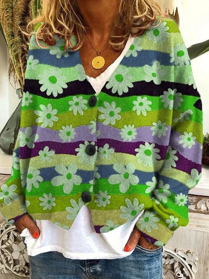 Green floral stripe knit cardigan