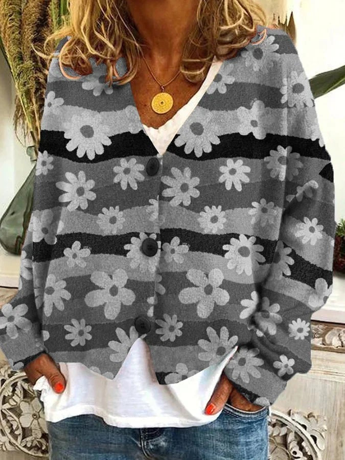 Gray floral stripe knit cardigan
