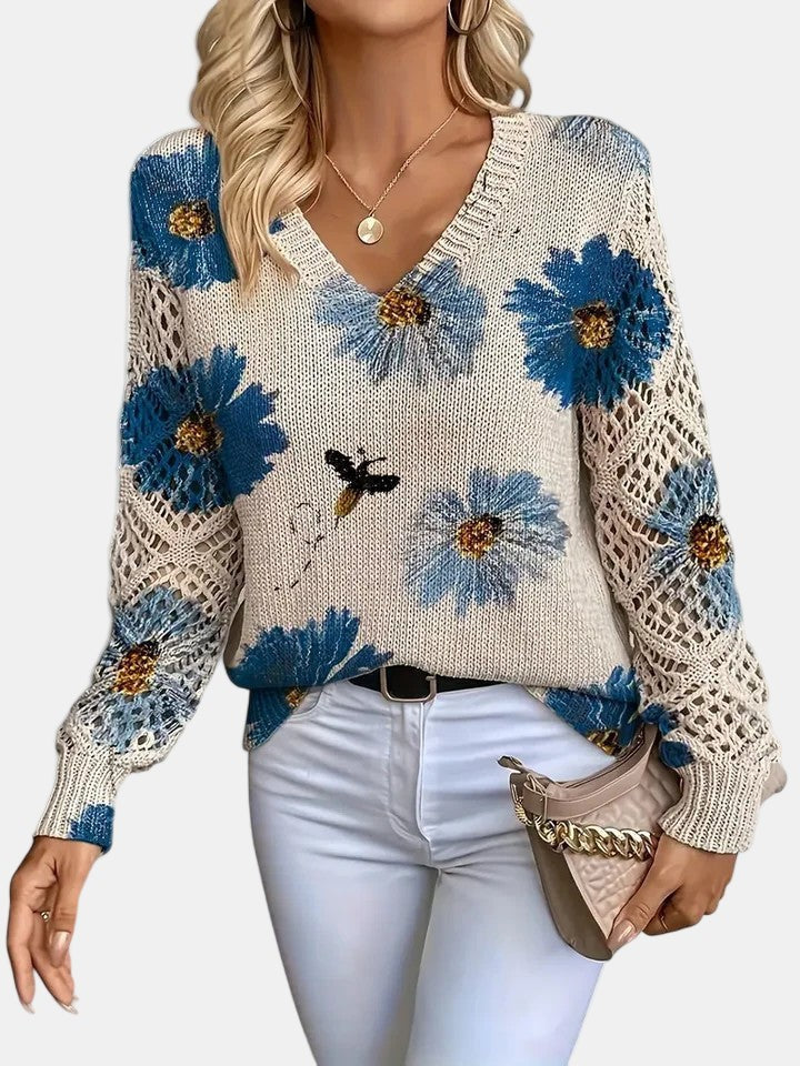 Blue floral v-neck jumper