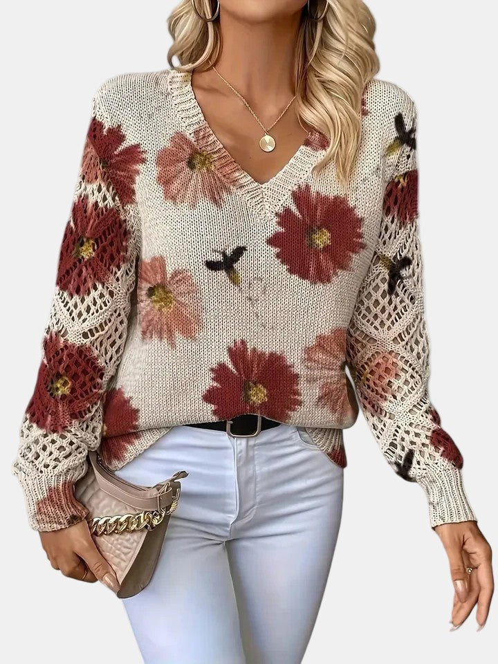 Red floral v-neck jumper