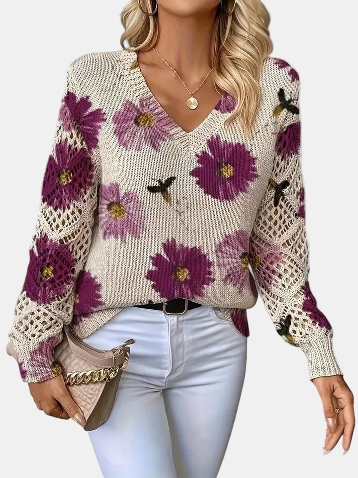 Purple floral v-neck jumper
