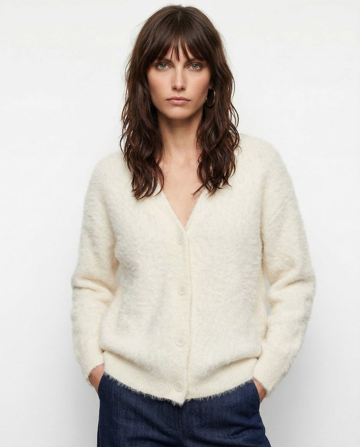 Fluffy v-neck button cardigan