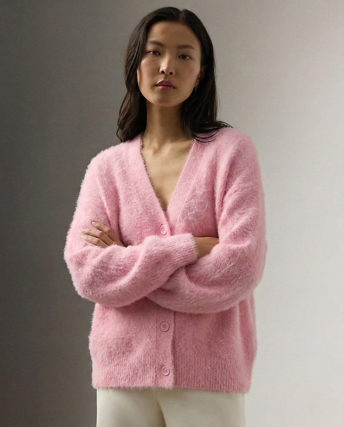 Fluffy v-neck button cardigan