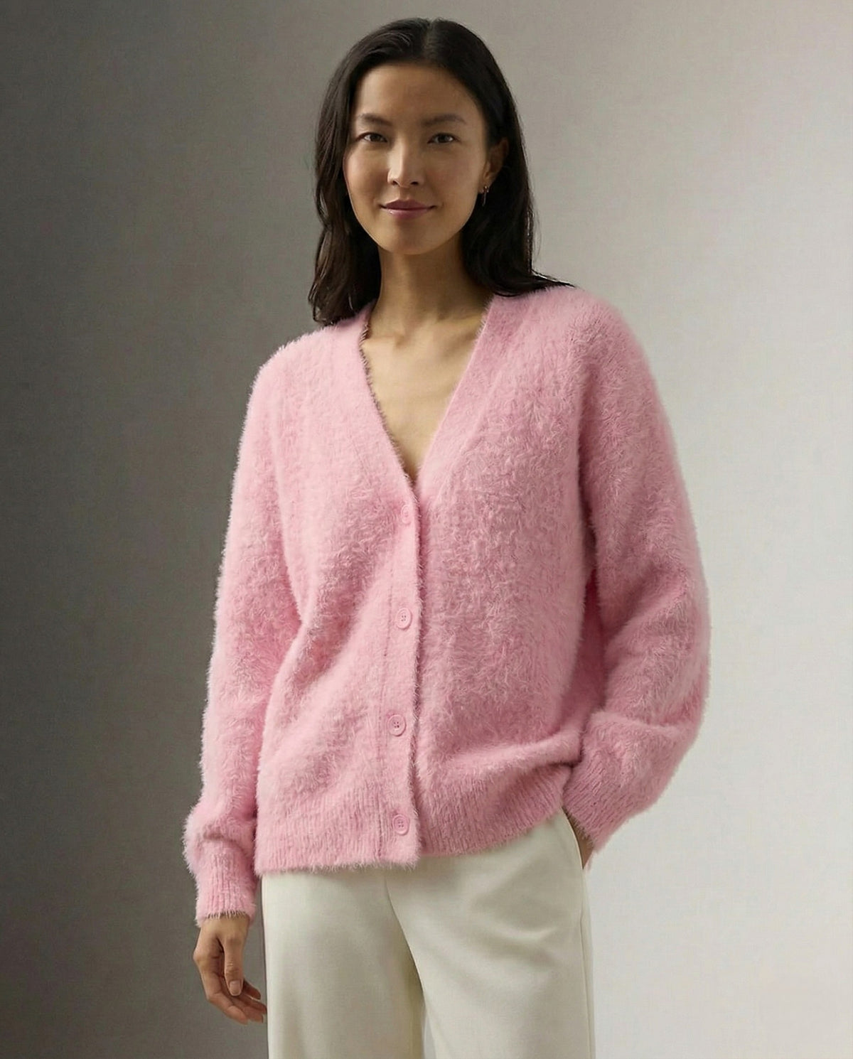 Fluffy v-neck button cardigan