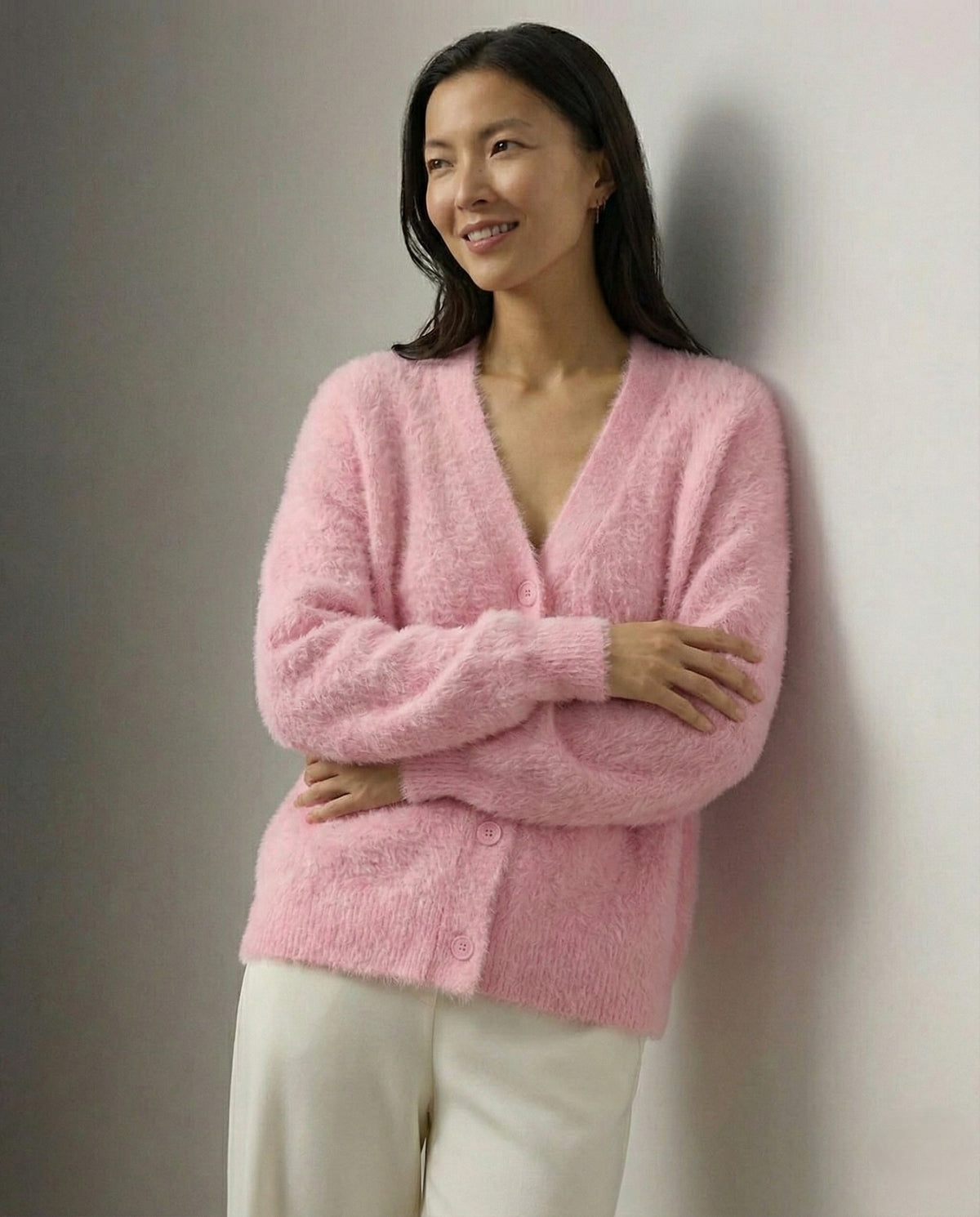 Pink Fur fluffy v-neck button cardigan