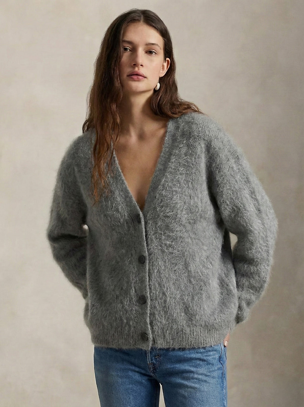 Fluffy v-neck button cardigan