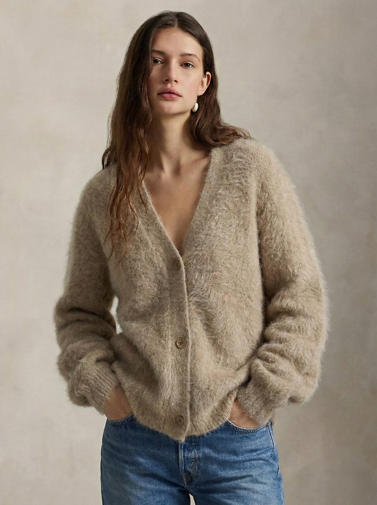 Fluffy v-neck button cardigan