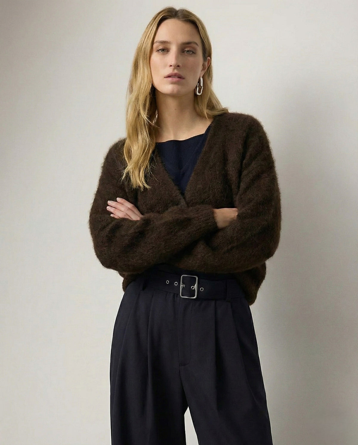 Brown Fur fluffy v-neck button cardigan