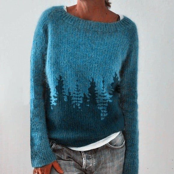 Blue forest motif knit jumper