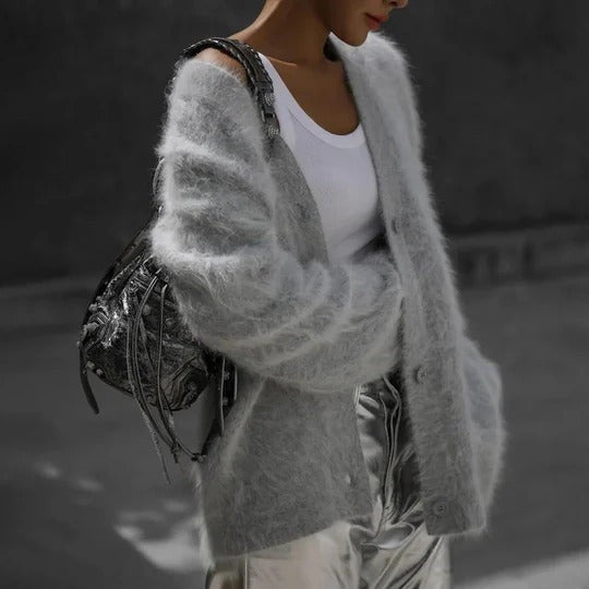 Gray fuzzy cropped button cardigan