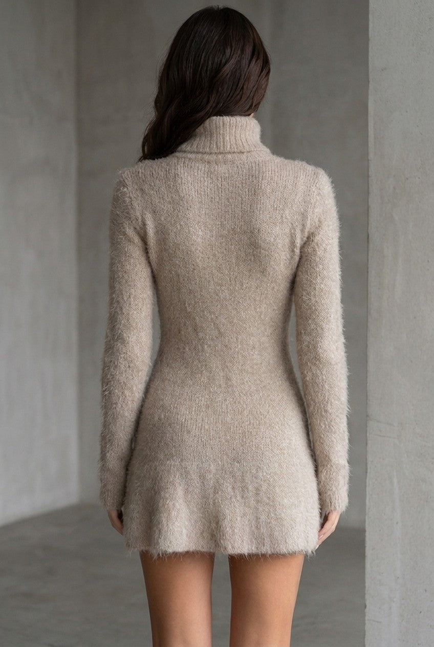 Fuzzy roll neck knit mini dress