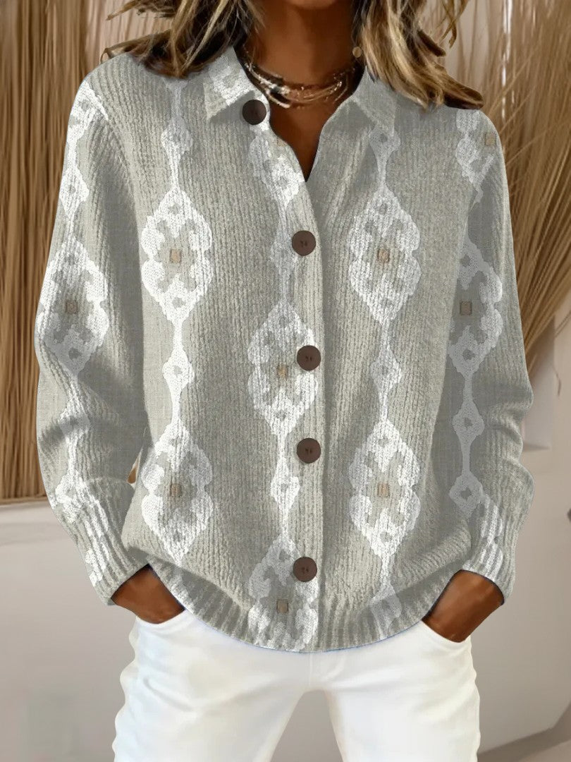 Geometric print button-up knit cardigan