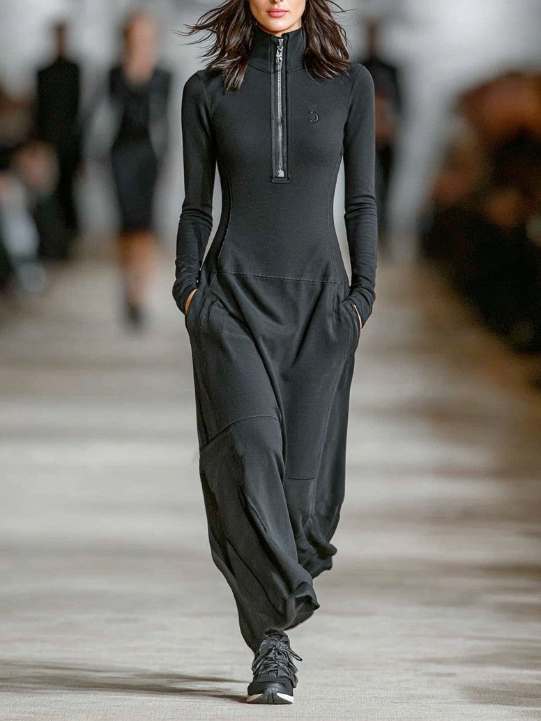 Black half-zip high neck maxi dress