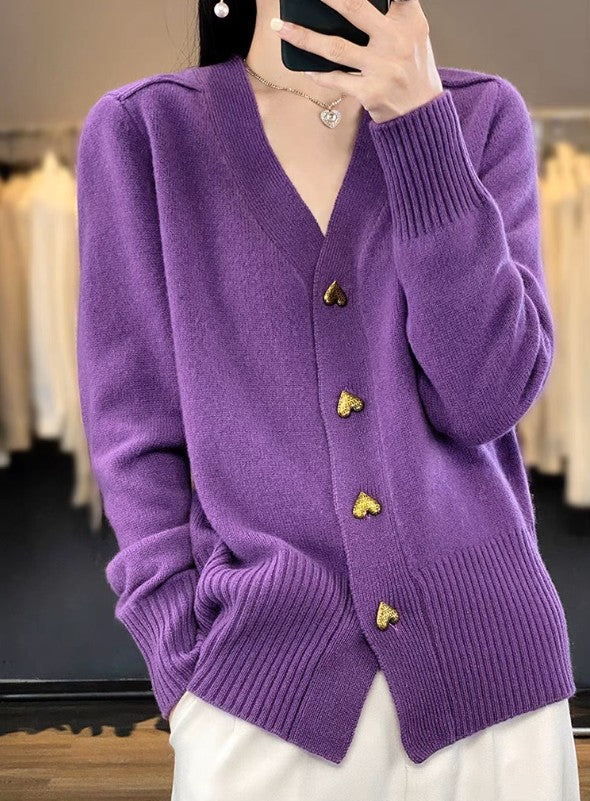 Purple heart button v-neck cardigan