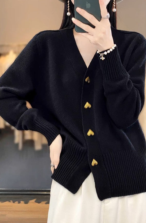 Black heart button v-neck cardigan