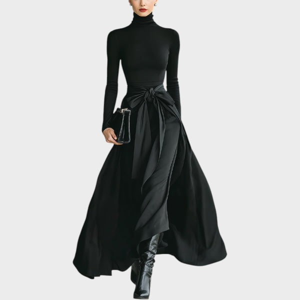 Black high-neck knit and satin maxi dress