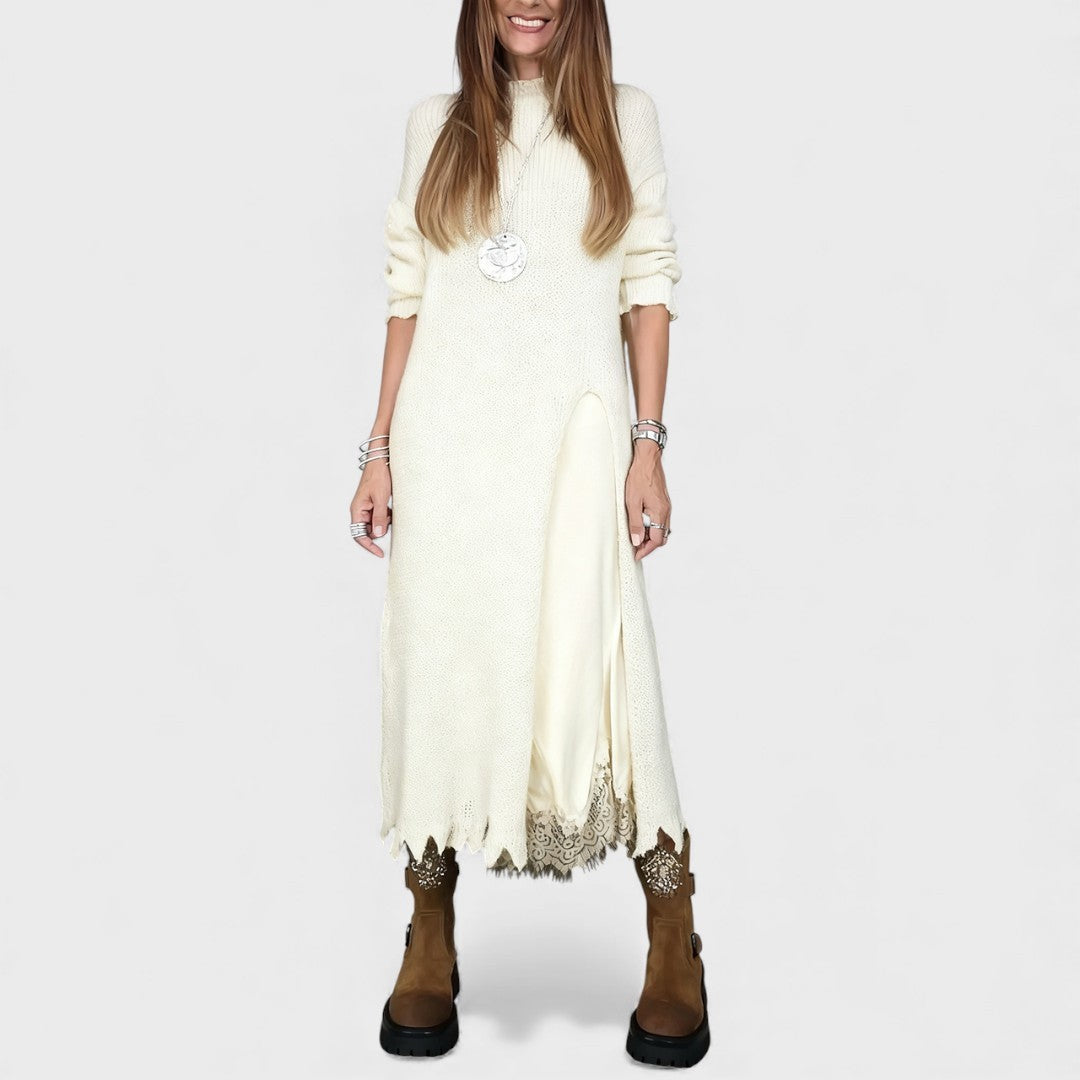 White high-neck split-front knit maxi dress