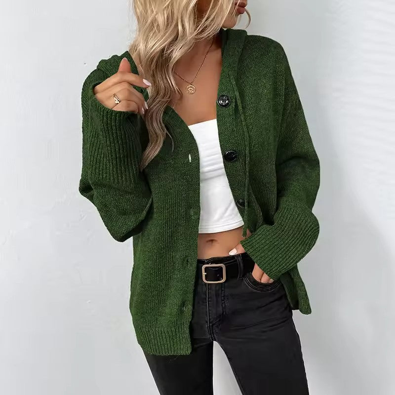 Green hooded button-down cardigan