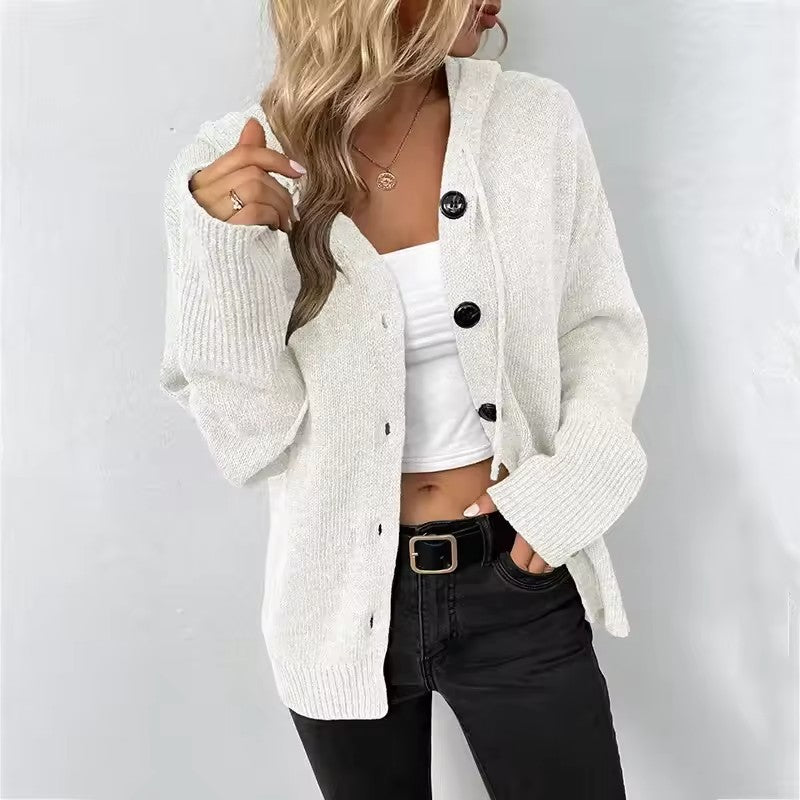 White hooded button-down cardigan