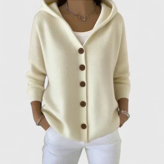 Beige hooded button-front cardigan