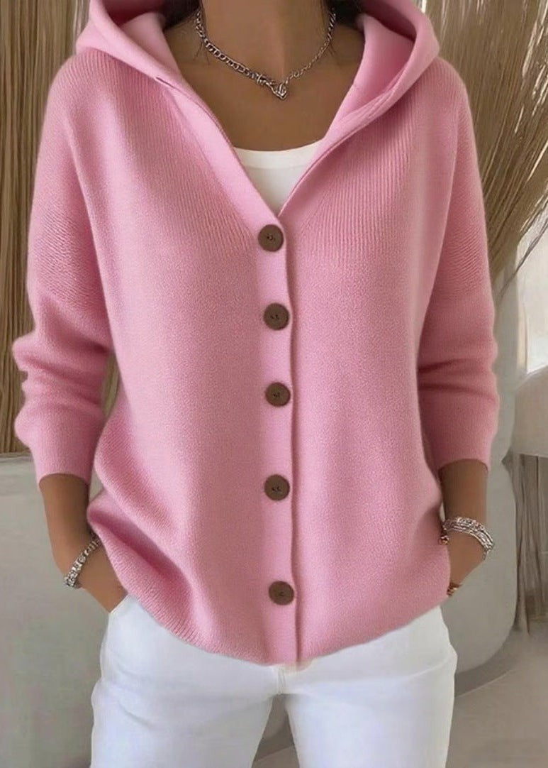 Pink hooded button knit cardigan