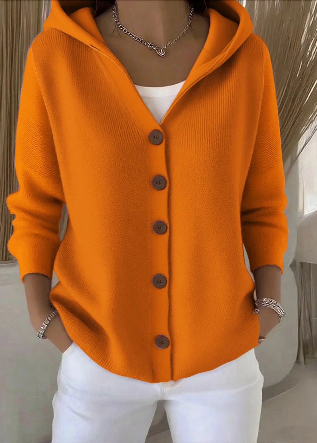 Orange hooded button knit cardigan