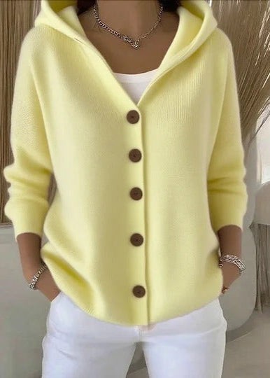 Yellow hooded button knit cardigan