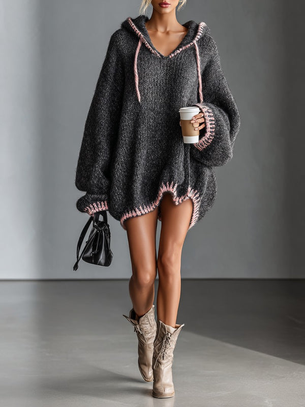 Hooded chunky knit mini dress