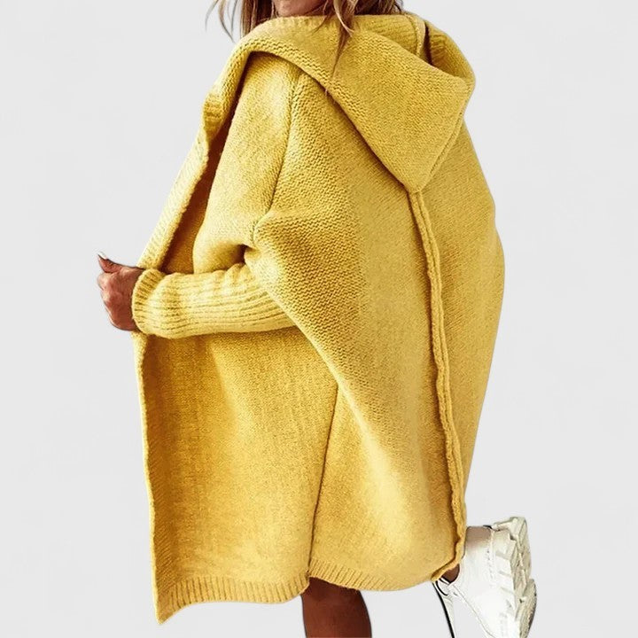 Yellow hooded open-front cardigan