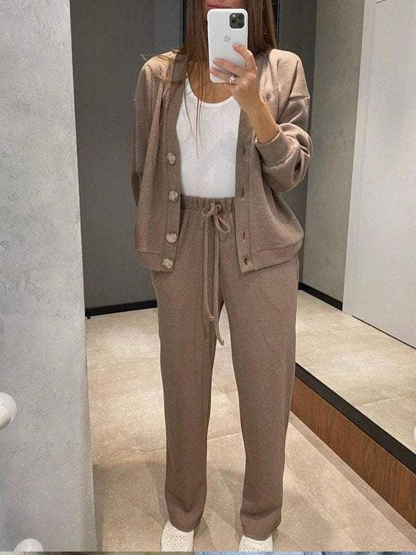 Khaki knit cardigan and trouser co-ord