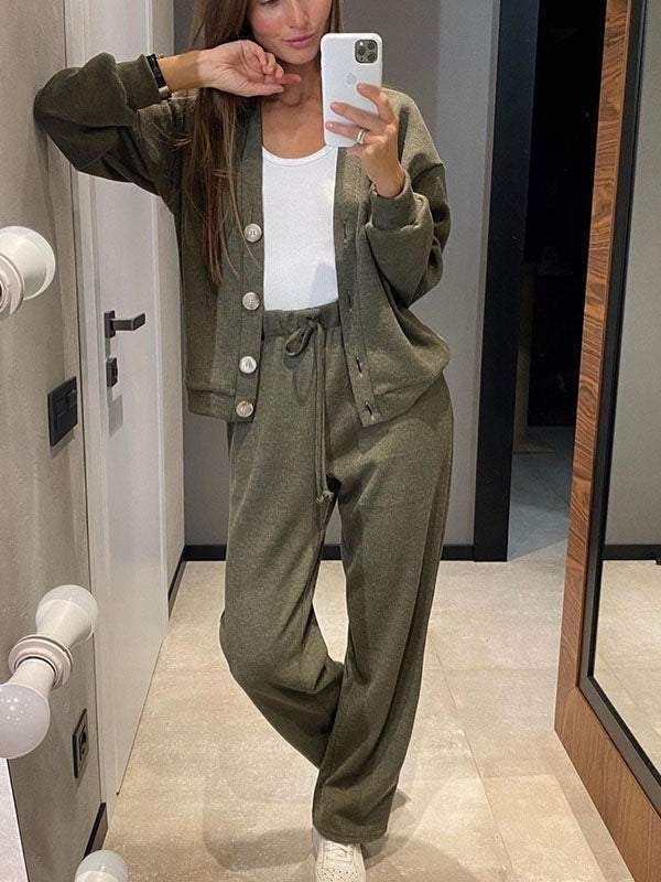 Green knit cardigan and trouser co-ord