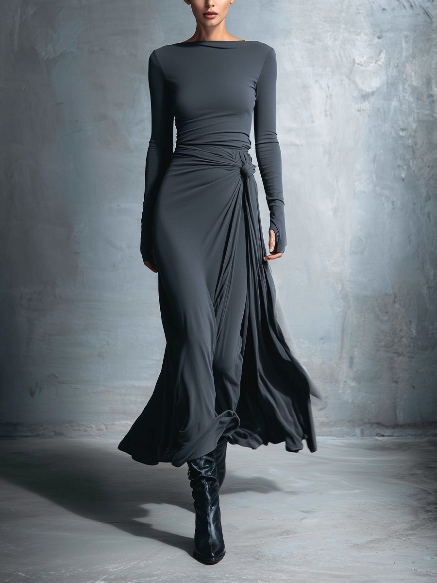 Grey knotted wrap knit maxi dress