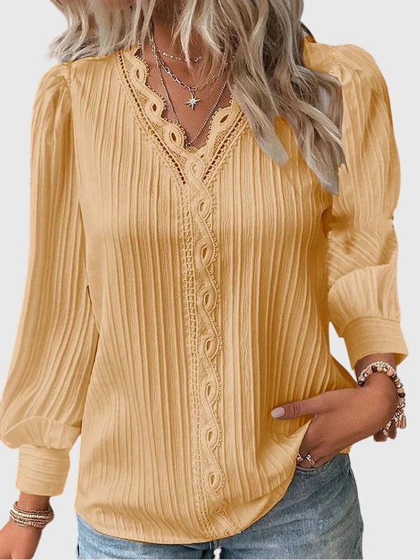 Yellow lace-trim pullover blouse